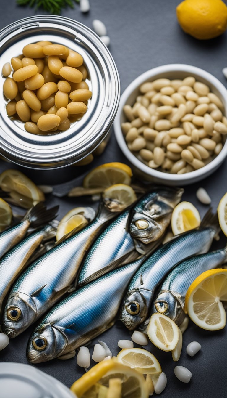 A can of sardines surrounded by omega-3 rich foods, scientific equipment, and keto-friendly items at the Science Center