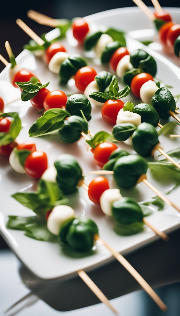 A platter of mini Caprese skewers arranged on a sleek white table at a contemporary art gallery reception