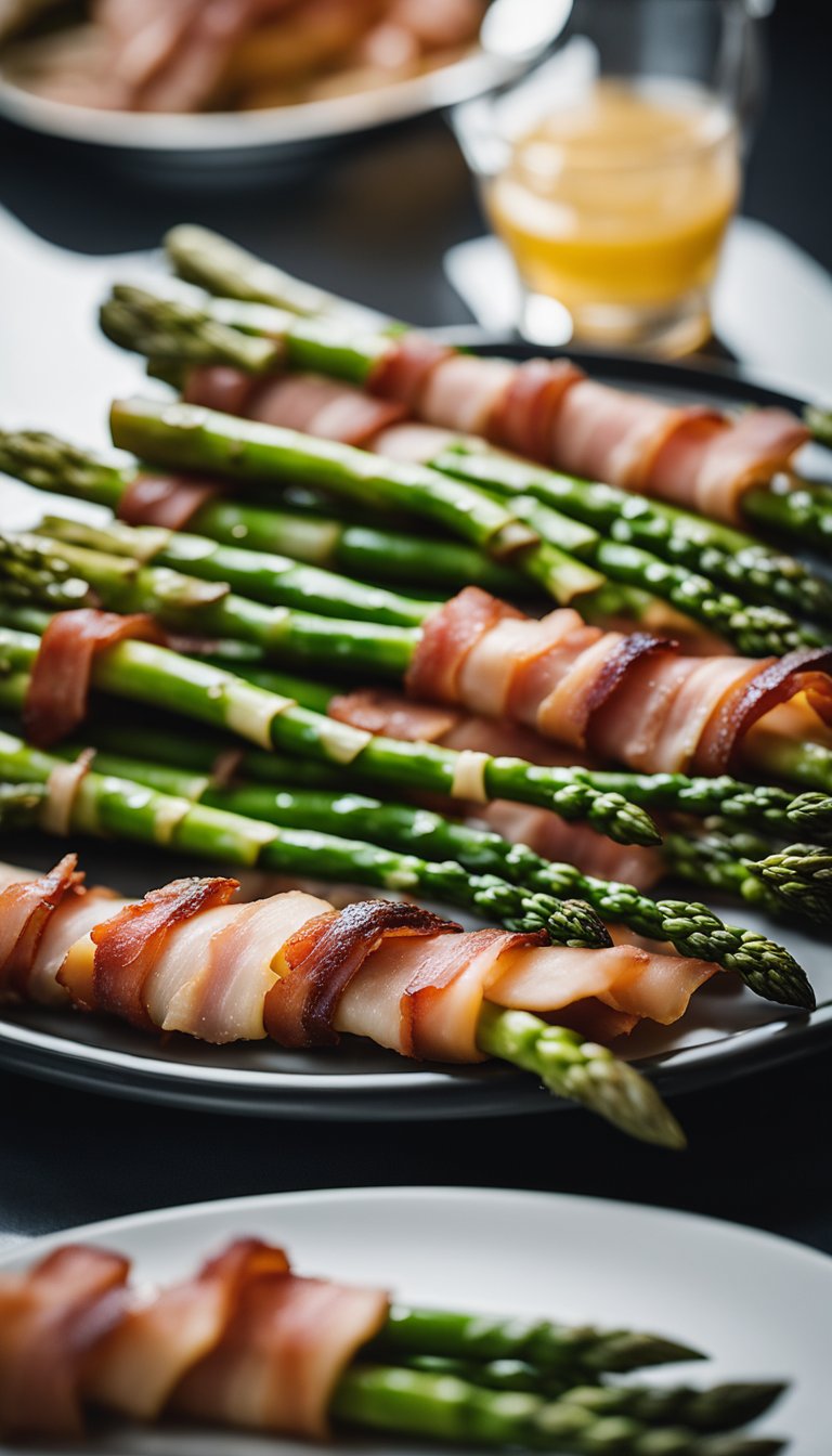 A platter of bacon-wrapped asparagus displayed on a sleek, modern table at a keto art gallery reception