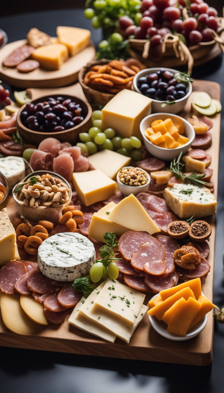 A wooden charcuterie board filled with assorted cheeses and meats, surrounded by vibrant Keto-friendly appetizers, displayed at an art gallery reception