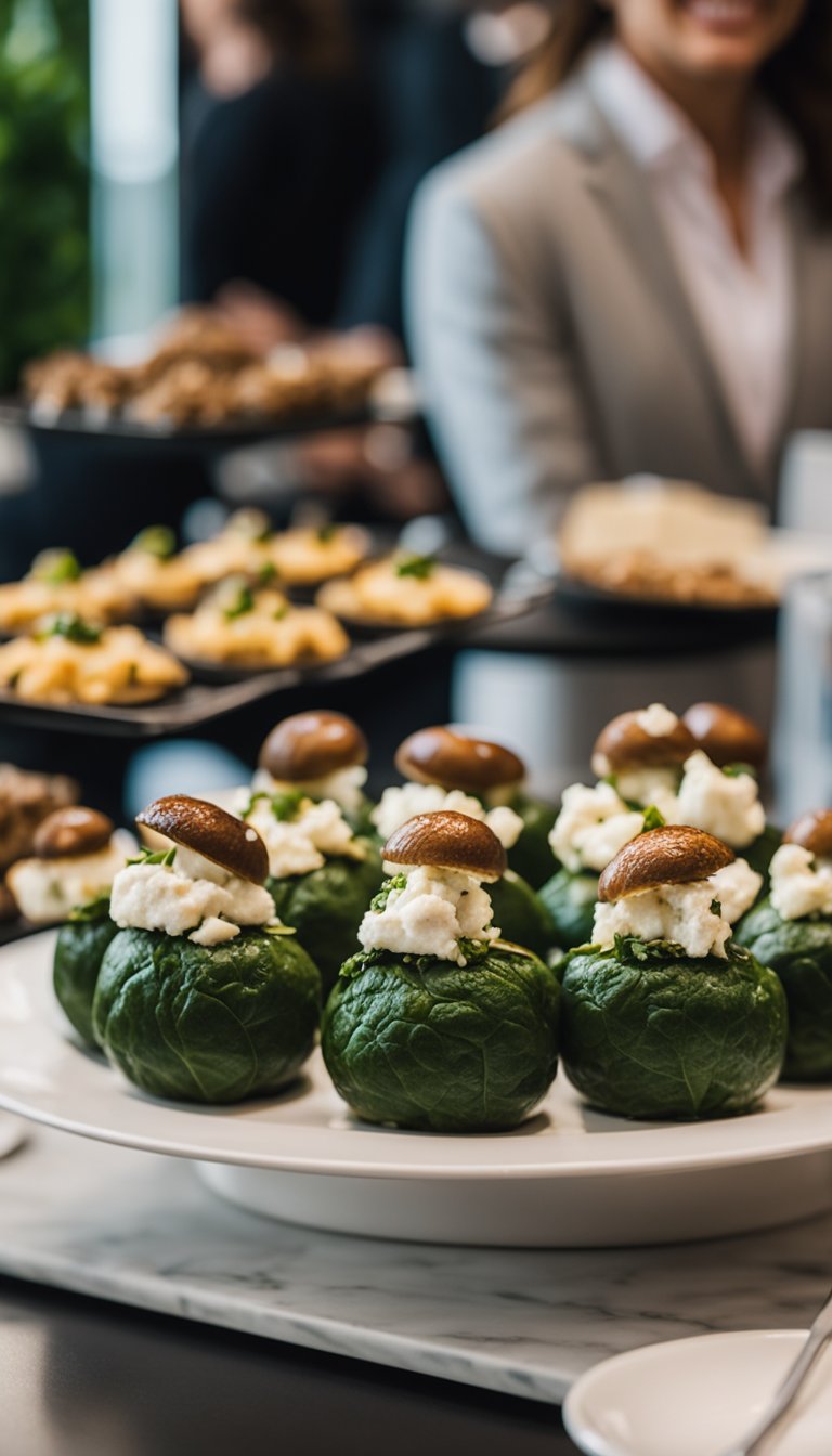 A platter of spinach and feta stuffed mushrooms sits on a sleek table at the art gallery reception, surrounded by other elegant keto-friendly appetizers