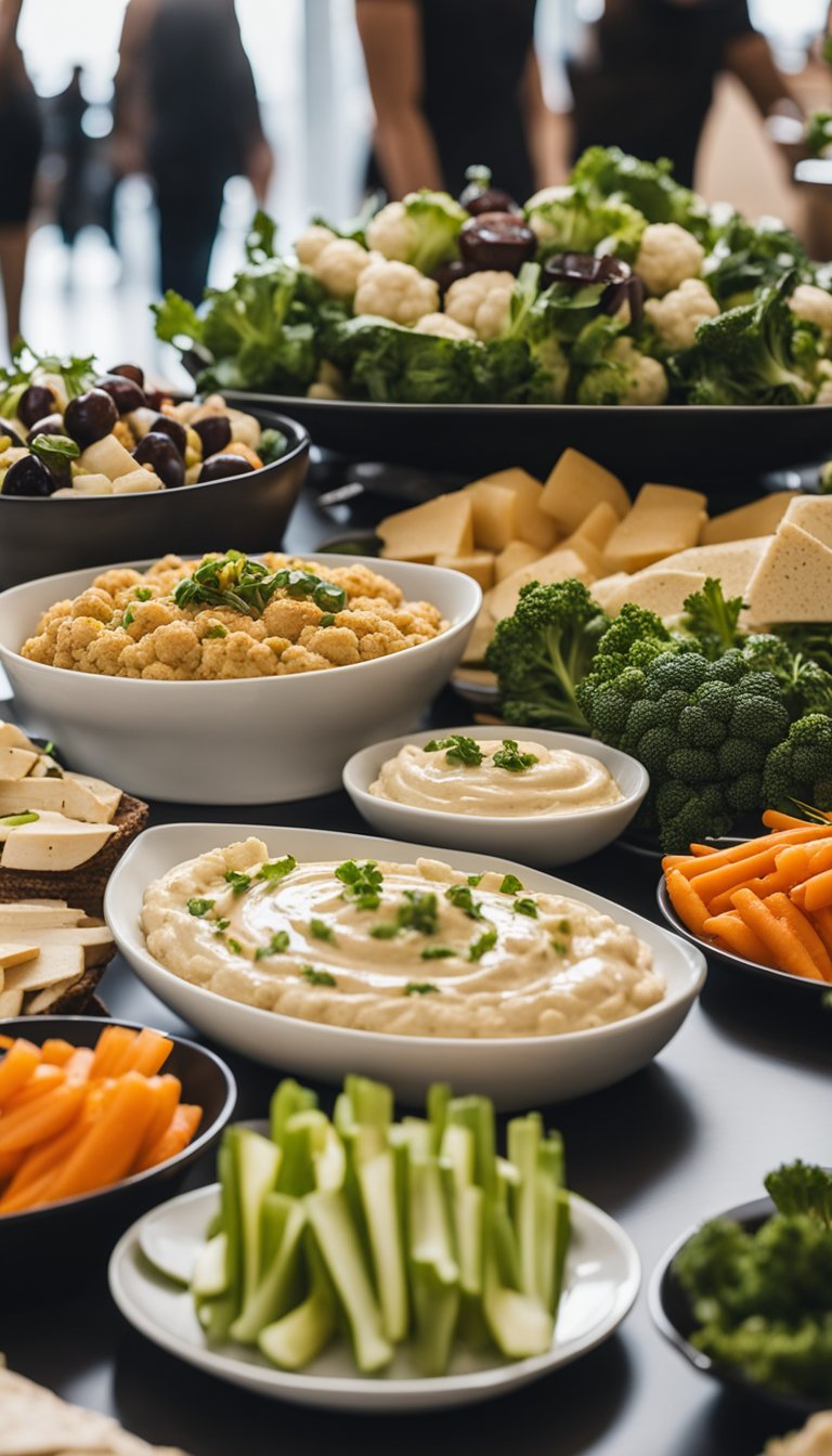 A table spread with keto cauliflower hummus, assorted vegetables, and elegant serving platters at an art gallery reception