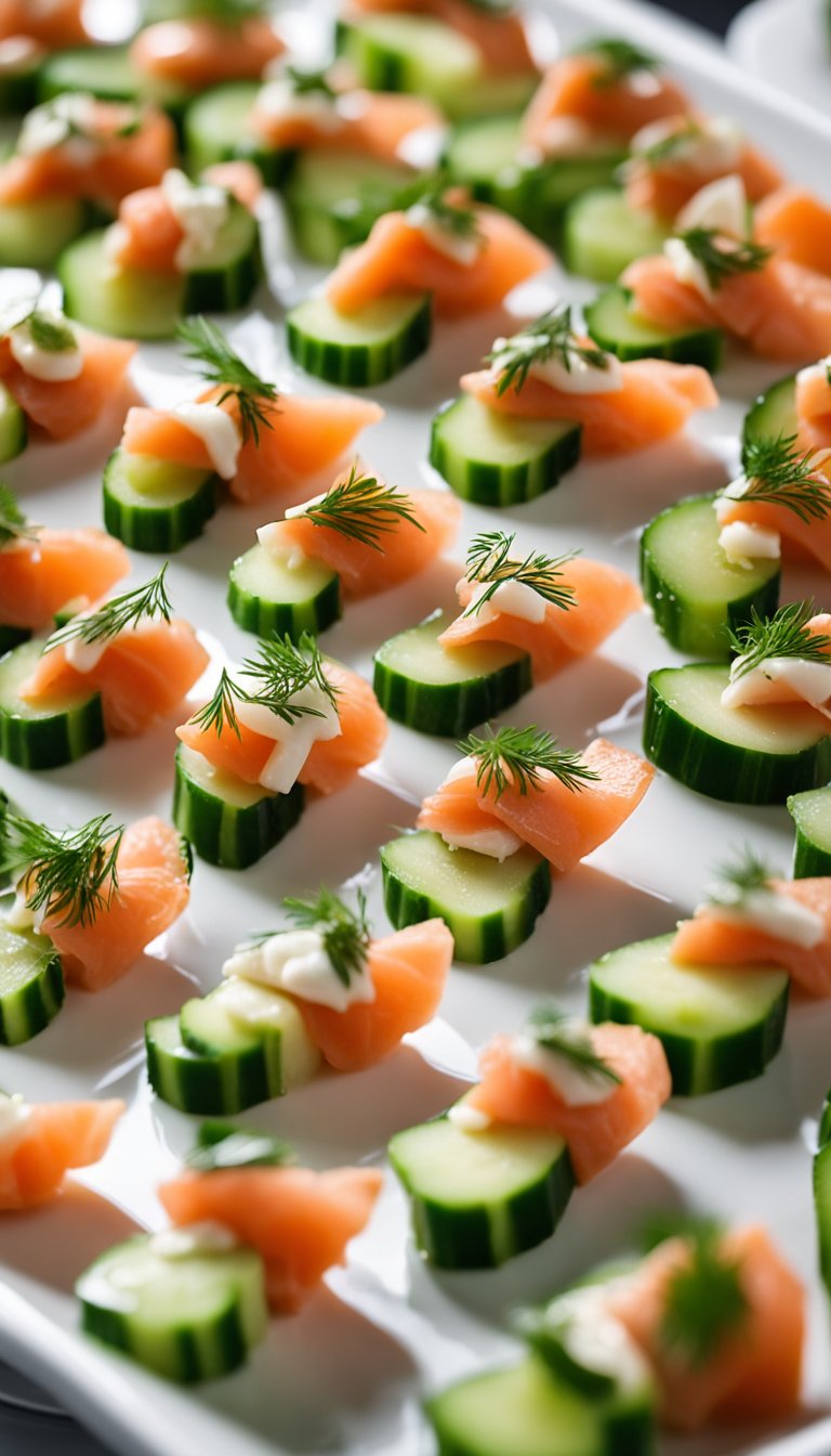 A platter of smoked salmon cucumber bites displayed on a sleek white serving dish at a sophisticated art gallery reception