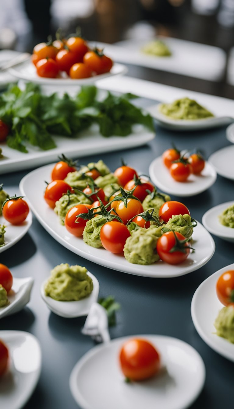 A platter of halved cherry tomatoes filled with guacamole, arranged on a sleek white serving dish at a sophisticated art gallery reception