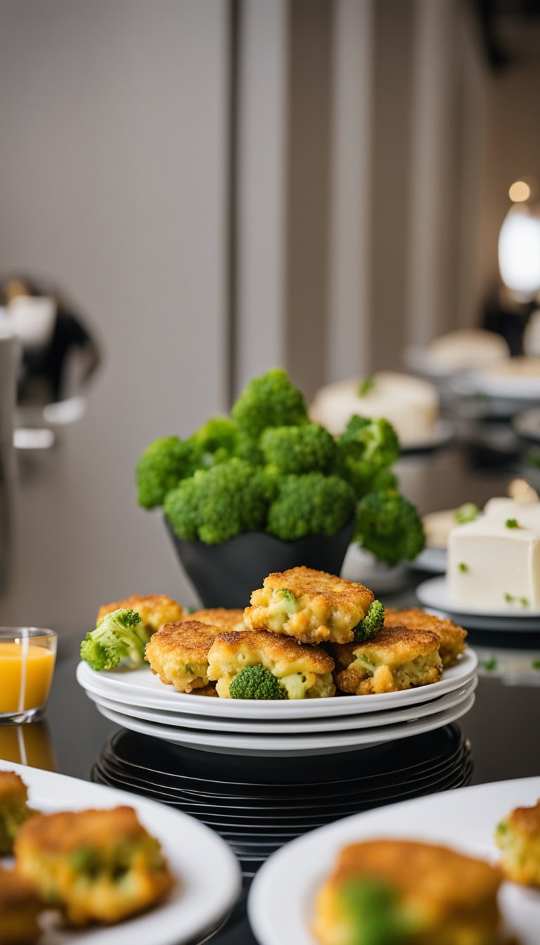 A platter of golden brown broccoli and cheddar fritters displayed on a sleek white serving dish at a stylish art gallery reception