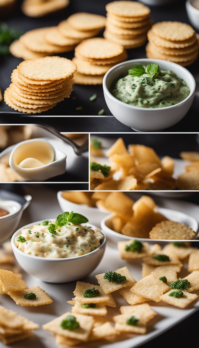 A platter of parmesan crisps with various keto-friendly dips displayed at an art gallery reception