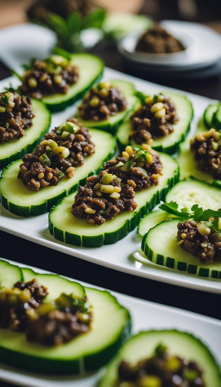 A platter of cucumber slices topped with olive tapenade arranged on a sleek, modern serving dish at a keto art gallery reception