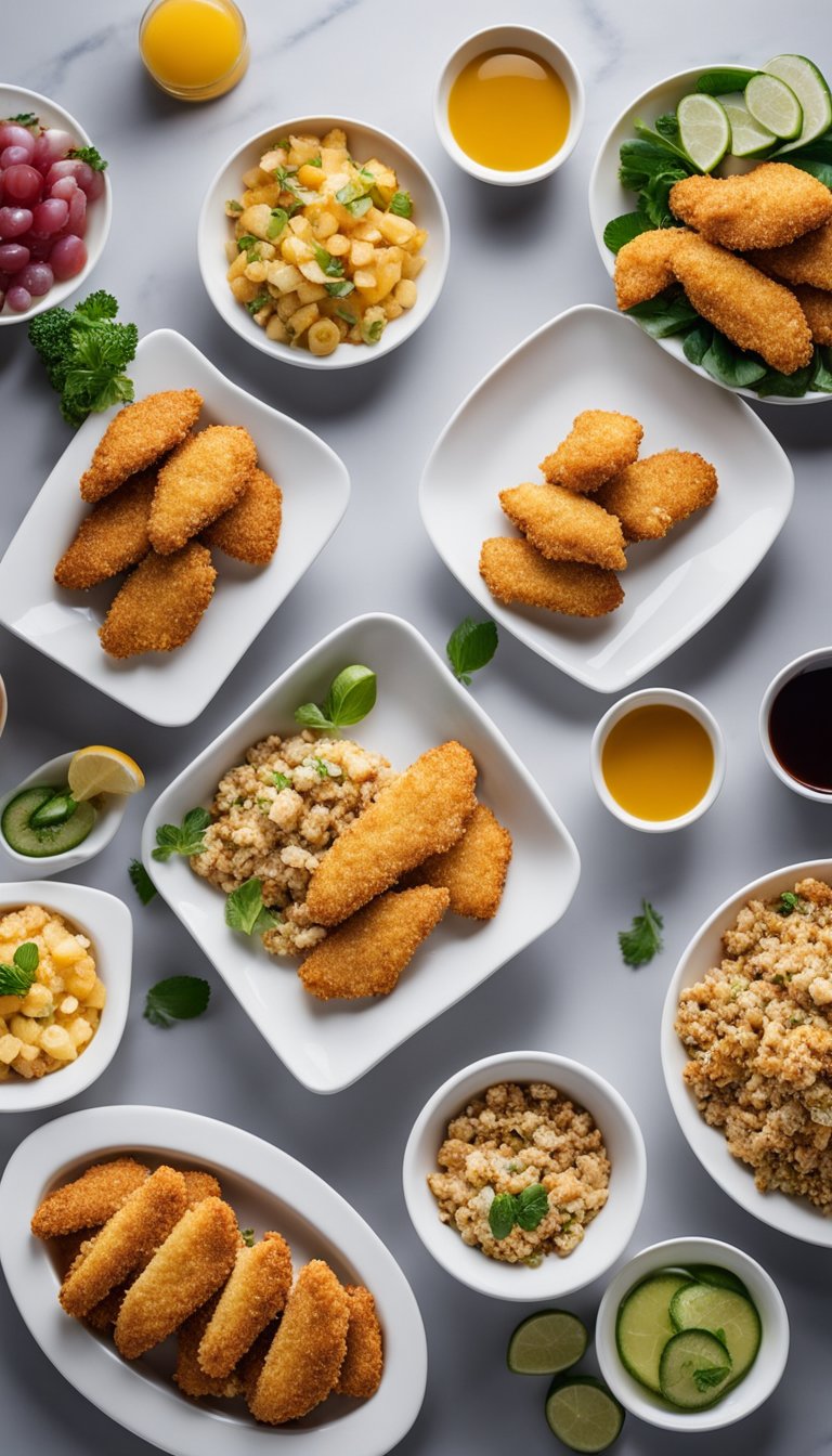 A platter of golden almond-crusted chicken tenders surrounded by vibrant keto-friendly appetizers at an art gallery reception