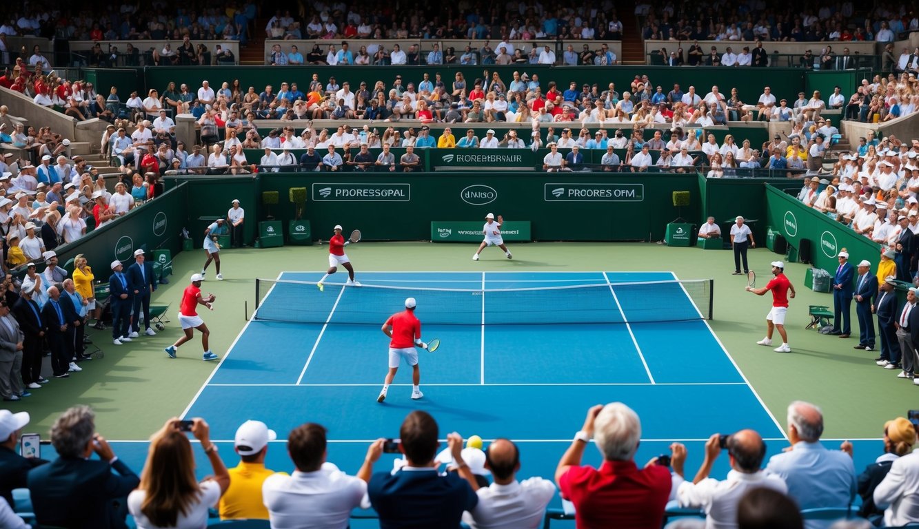 Sebuah lapangan tenis dengan pemain yang sedang bertanding, dikelilingi oleh penonton dan pejabat yang antusias