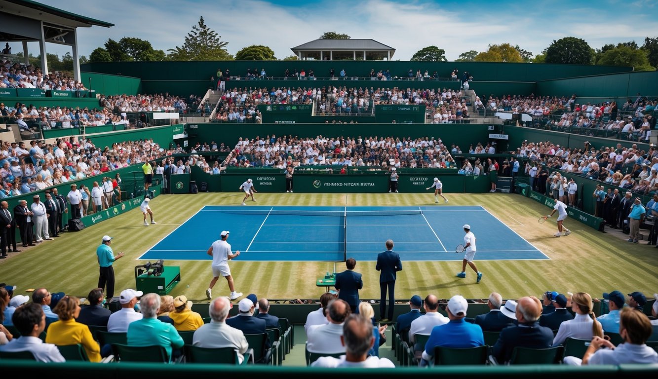 Lapangan tenis dengan pemain yang sedang bertanding, dikelilingi oleh penonton dan pejabat