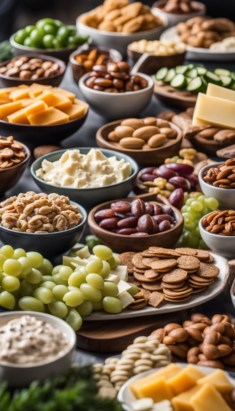 A table spread with keto-friendly snacks like nuts, cheese, and charcuterie. A variety of low-carb dips and vegetable platters are also displayed