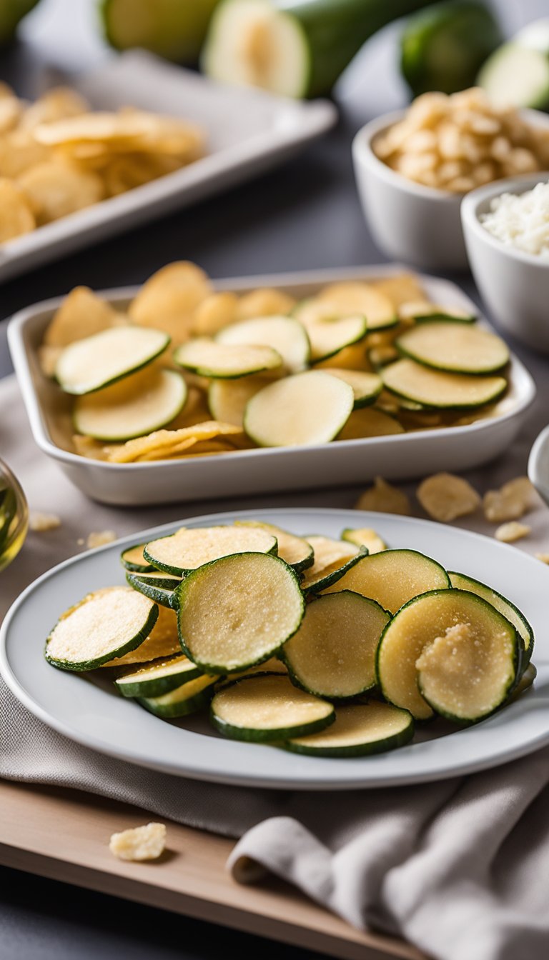 A platter of golden-brown zucchini chips sprinkled with parmesan, arranged on a sleek serving tray alongside other keto-friendly snacks at a film festival