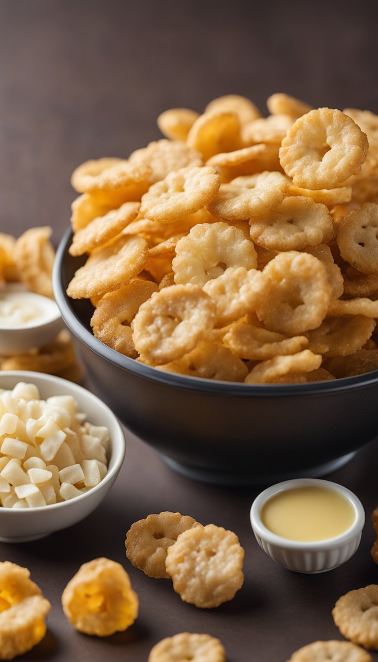 A bowl of salted butter-flavored pork rinds sits next to a stack of keto film festival snacks