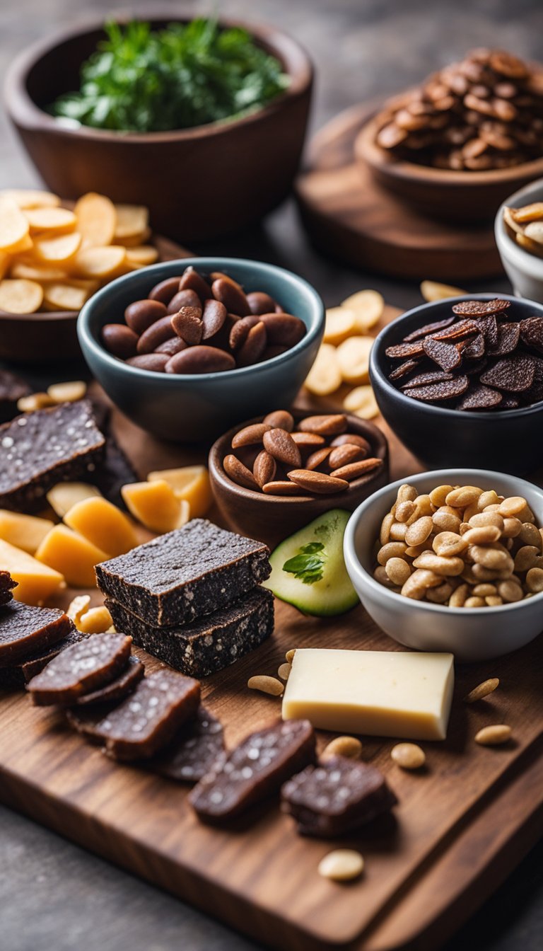 A rustic wooden cutting board with an assortment of biltong and keto-friendly snacks arranged in an appealing display