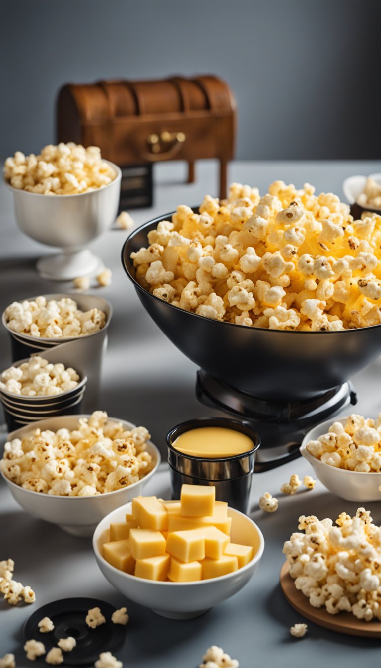 A bowl of Cheese Whisps surrounded by film reels and a popcorn bucket