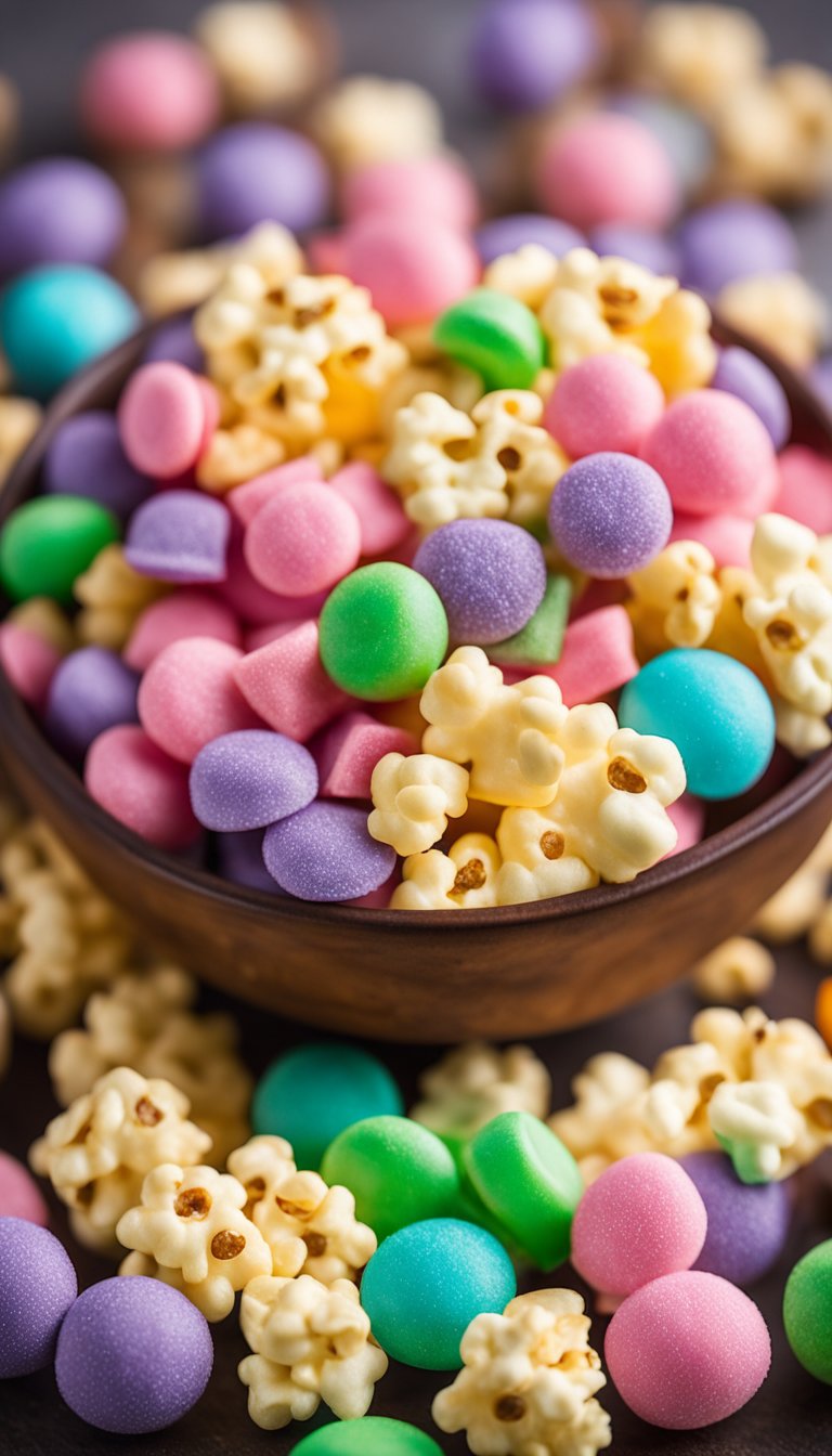 A colorful array of sugar-free candies arranged next to a bowl of popcorn, ready for a keto film festival snack