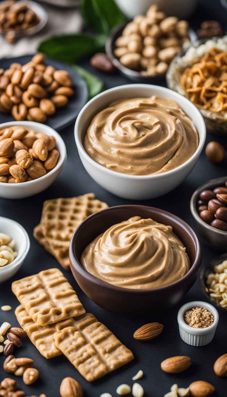 A bowl of keto nut butter surrounded by an array of film festival snacks