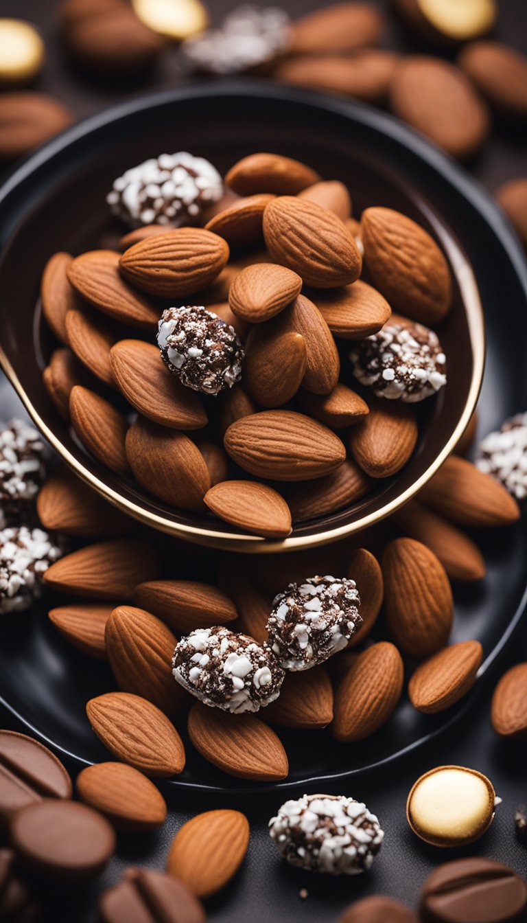 A bowl of chocolate-covered almonds surrounded by film festival snacks