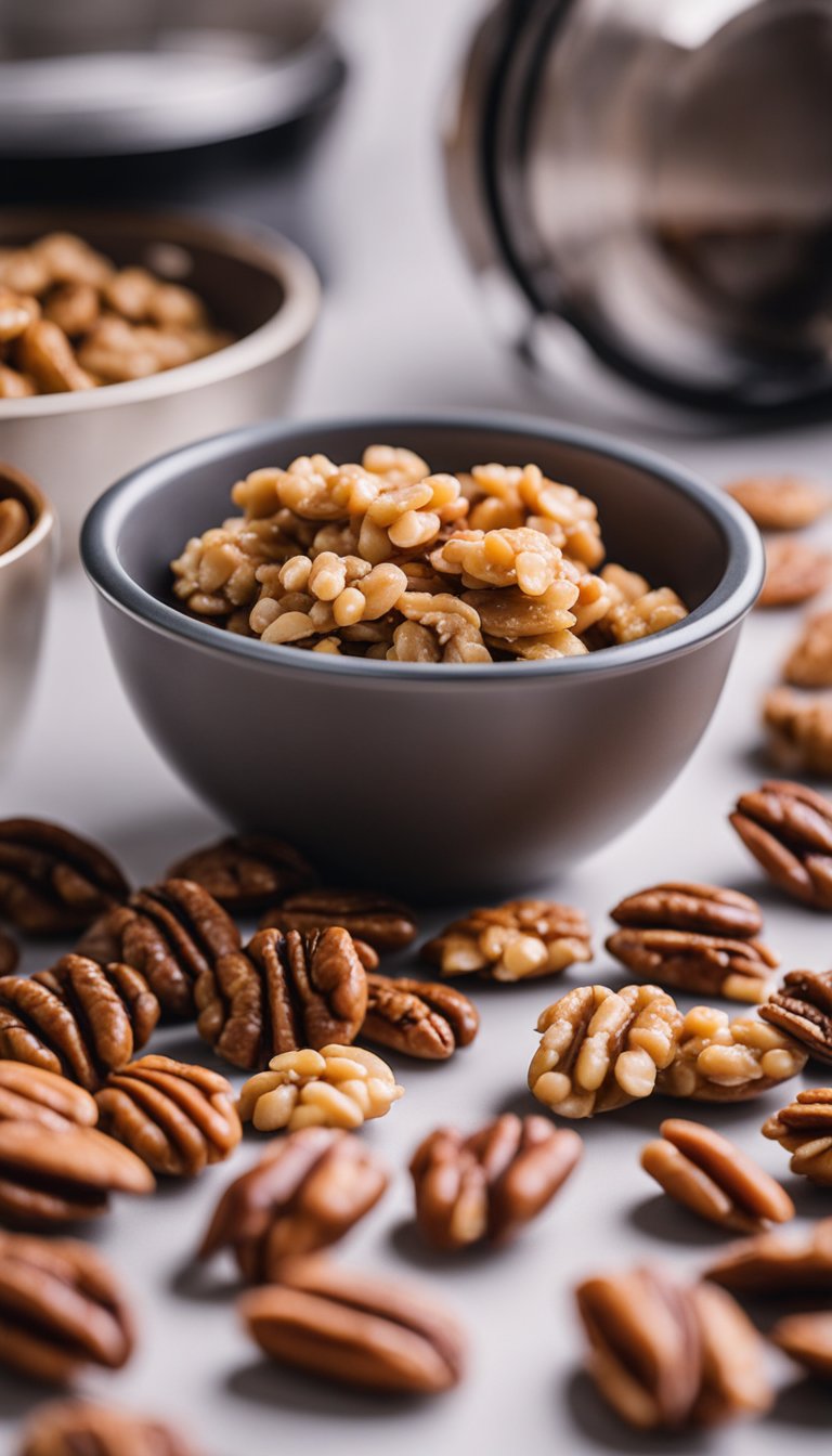 A bowl of pecan nut clusters surrounded by keto film festival snacks