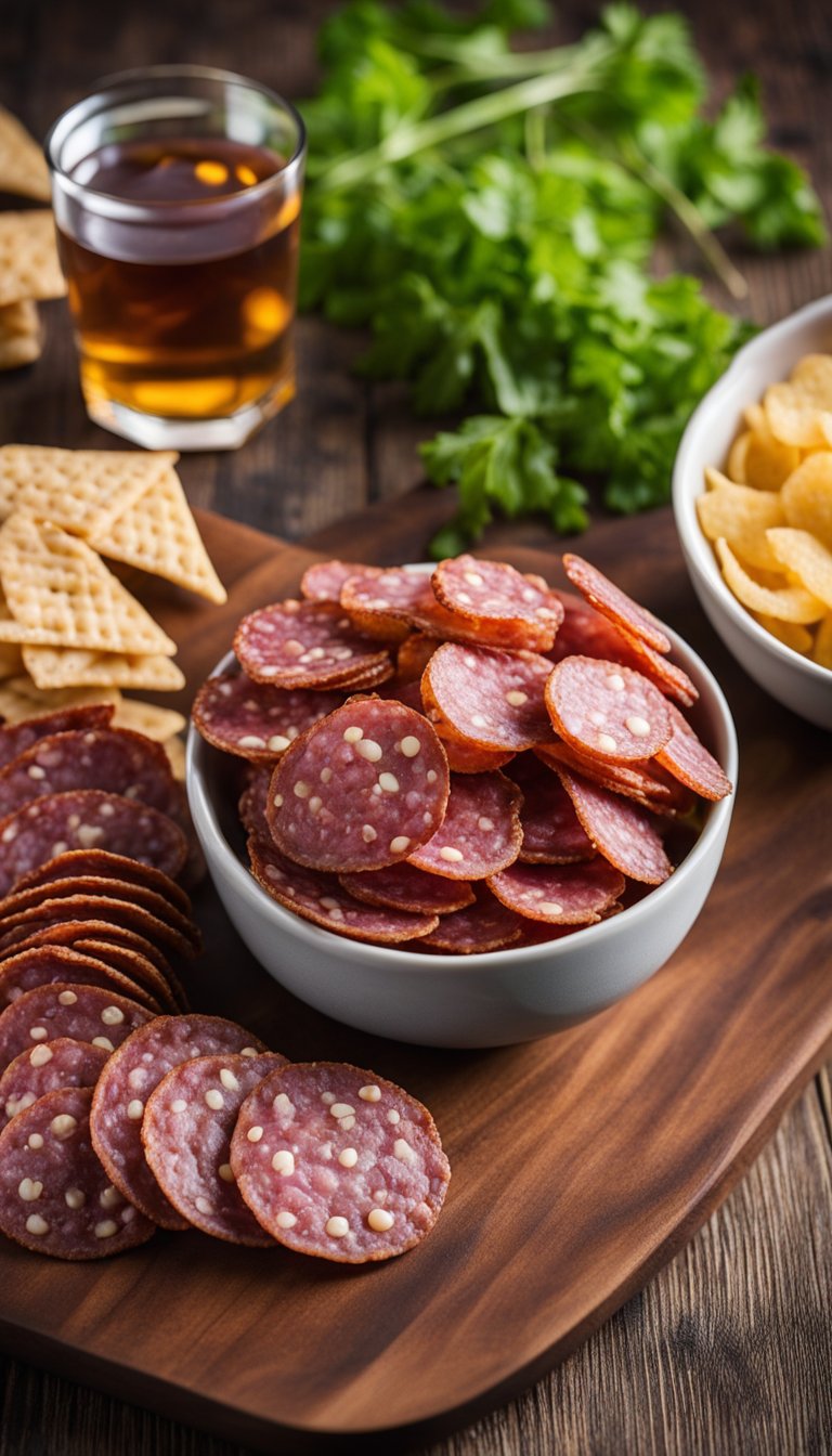 A bowl of salami chips arranged on a wooden board next to a selection of keto-friendly snacks, with a film festival playing on a TV in the background