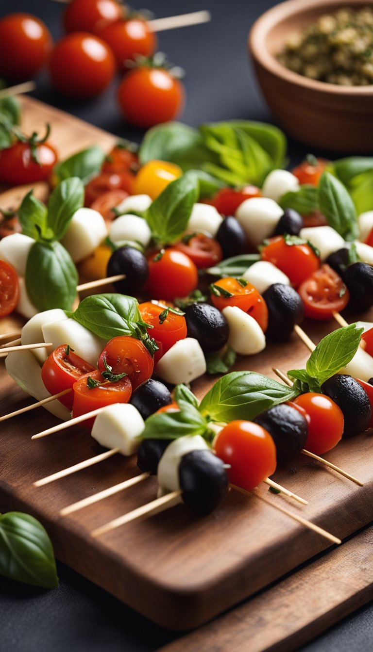 A platter of mini Caprese skewers arranged on a wooden board, surrounded by various keto-friendly snacks