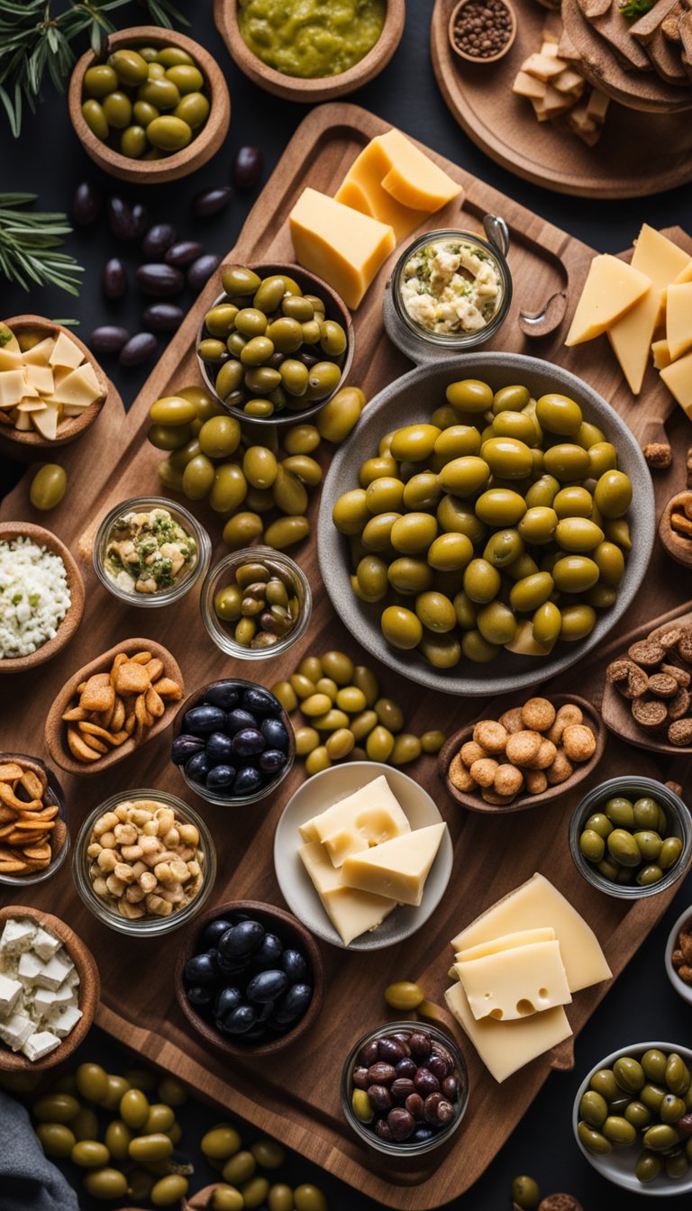 A wooden platter loaded with olives, cheese, and keto-friendly snacks, surrounded by film festival paraphernalia