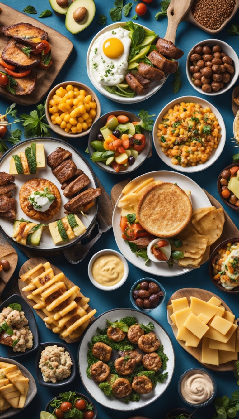 A colorful array of keto-friendly festival foods spread out on a table, including grilled meats, vegetable skewers, cheese platters, and keto-friendly desserts