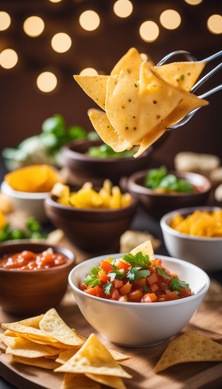 A bowl of keto cheese chips sits next to a vibrant bowl of salsa, surrounded by a festive music festival atmosphere