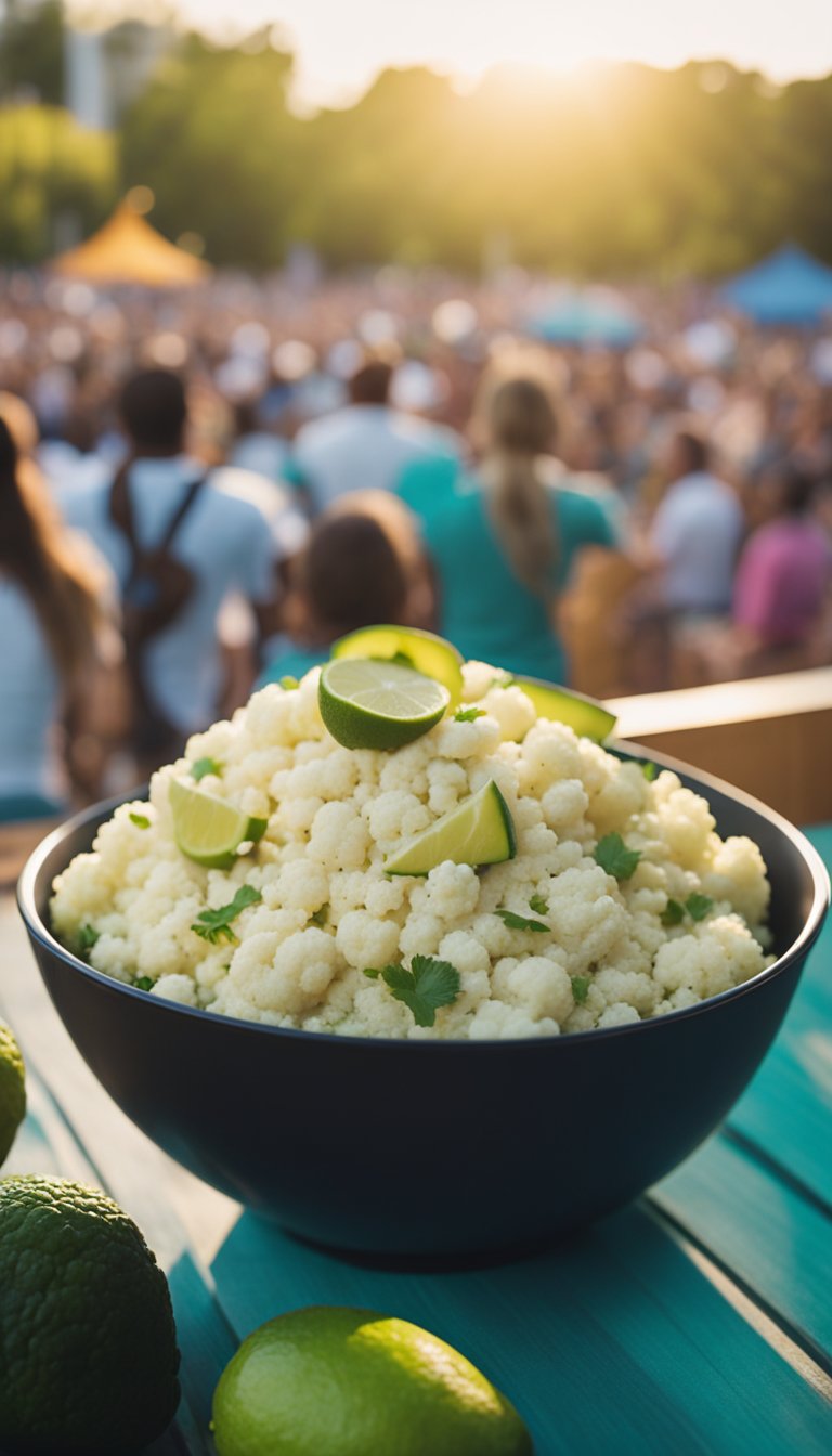 A bowl of cauliflower rice mixed with avocado and lime, surrounded by vibrant music festival atmosphere