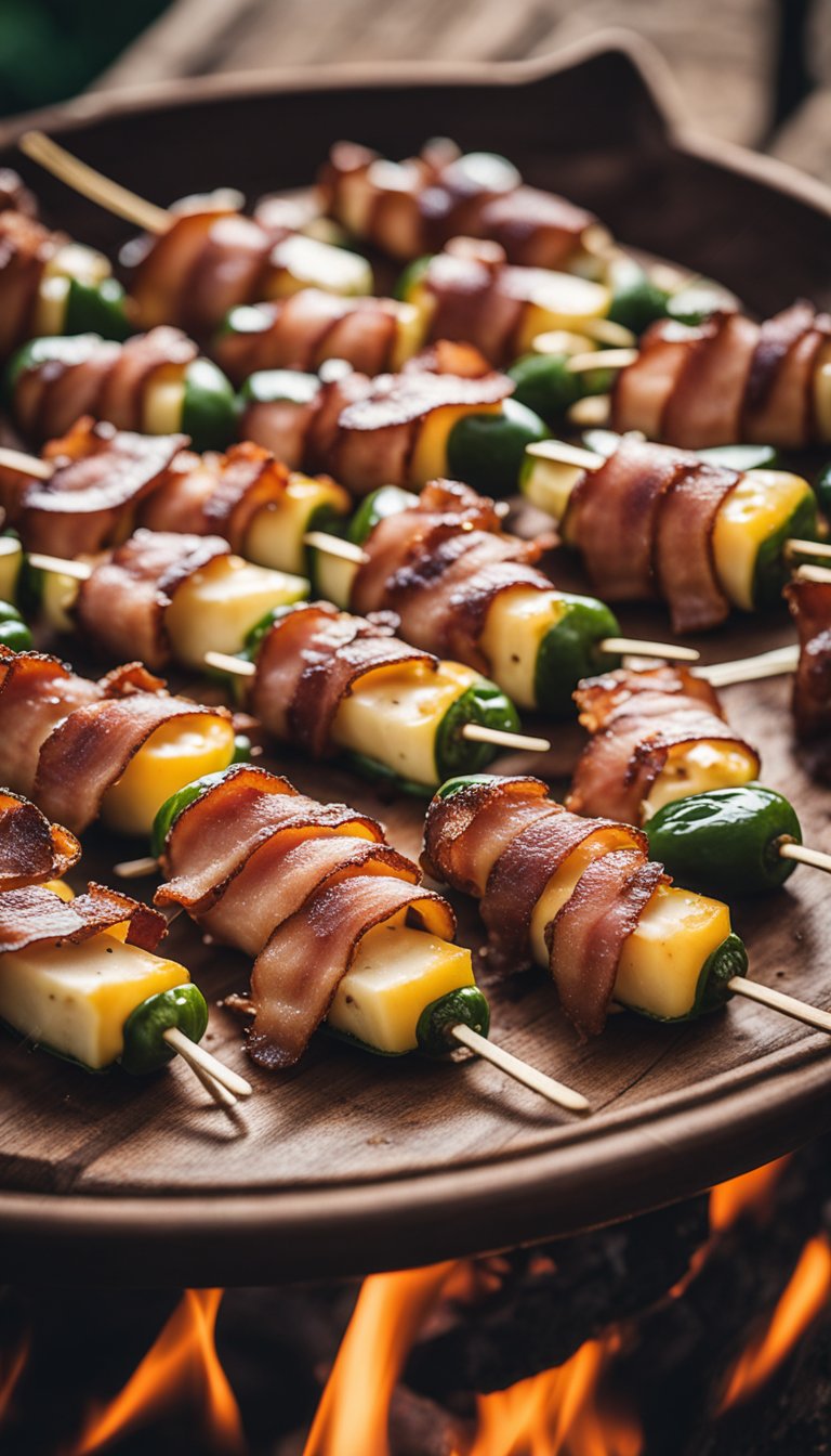 A platter of sizzling bacon-wrapped jalapeño poppers on a rustic wooden table at a music festival