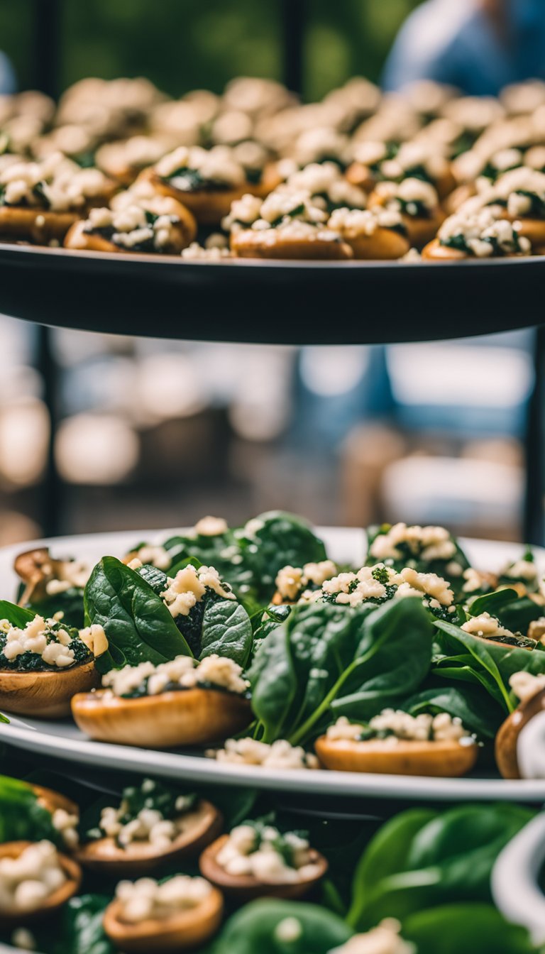 A platter of stuffed mushrooms surrounded by vibrant green spinach leaves and crumbled feta cheese, set against a backdrop of a lively music festival