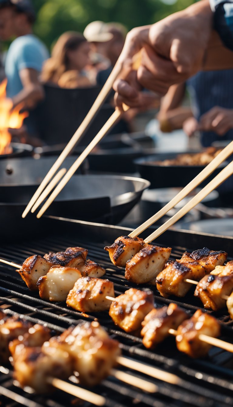 A sizzling grill cooks keto chicken skewers at a music festival. Smoke rises as the skewers brown over the flames