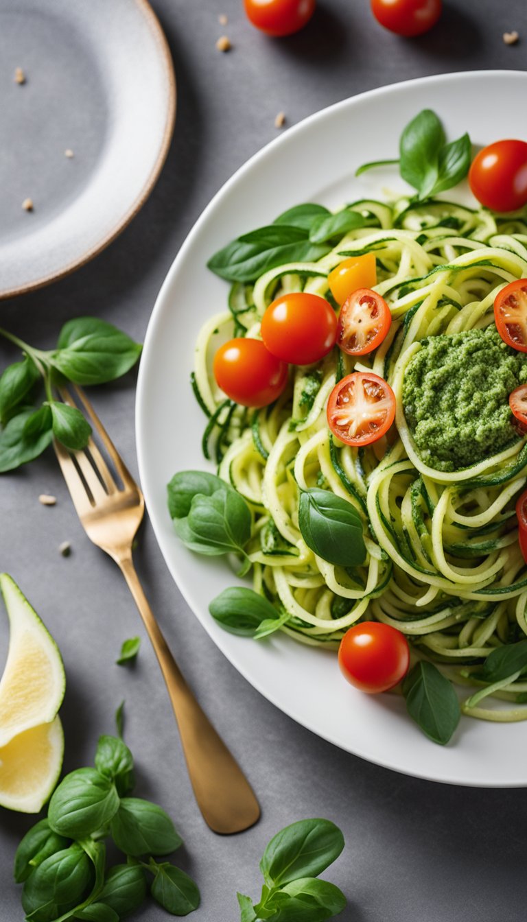 A colorful plate of zucchini noodles topped with vibrant green pesto, surrounded by fresh herbs and cherry tomatoes