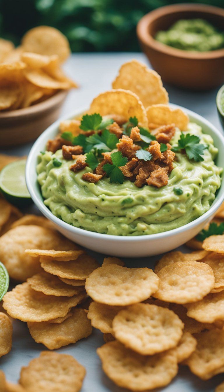 A bowl of creamy guacamole surrounded by crispy pork rinds at a keto music festival