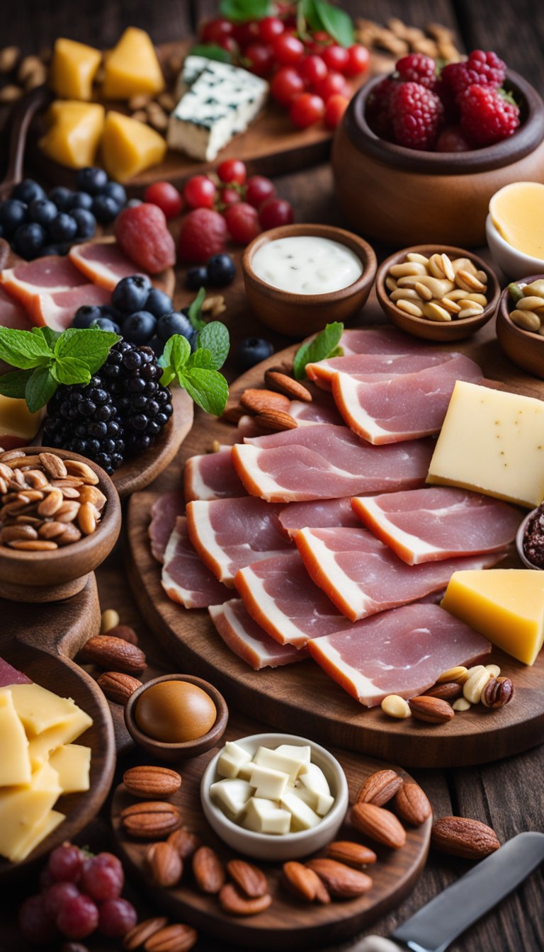 A wooden platter holds an assortment of cured meats and cheeses, surrounded by colorful berries and nuts. A small jar of mustard sits nearby