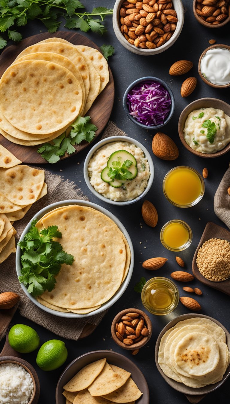 A table spread with almond flour tortillas and various keto-friendly festival foods