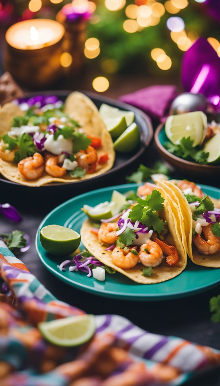 A colorful plate of keto shrimp tacos surrounded by festive music festival vibes