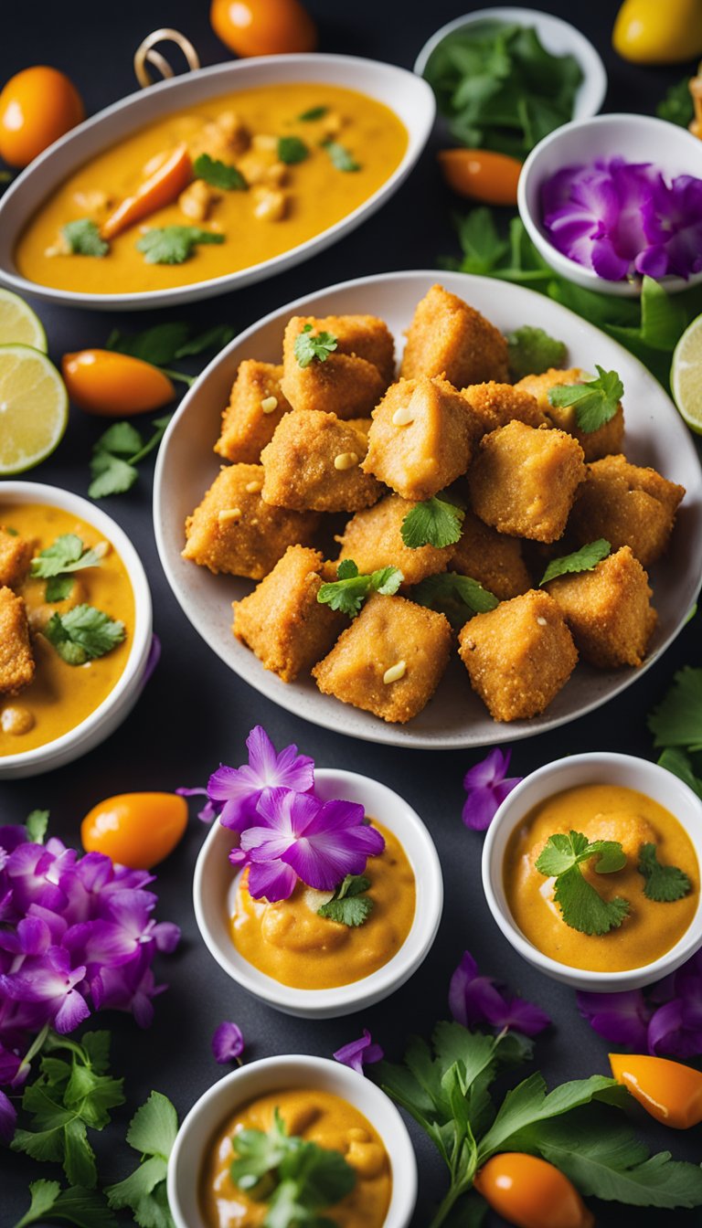 A platter of coconut curry chicken bites surrounded by vibrant, fresh ingredients at a keto music festival