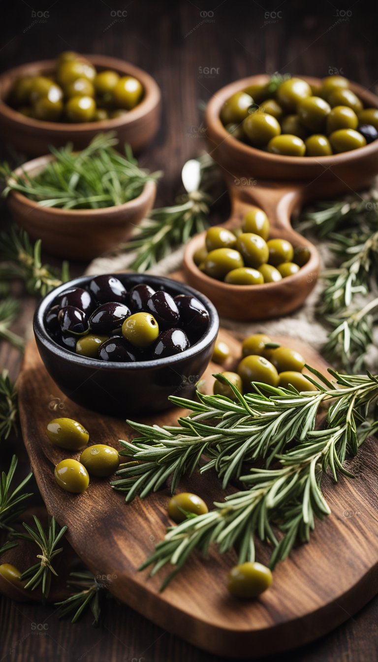 A rustic wooden board holds a variety of herb-marinated olives, surrounded by sprigs of fresh rosemary and thyme. A festival crowd dances in the background