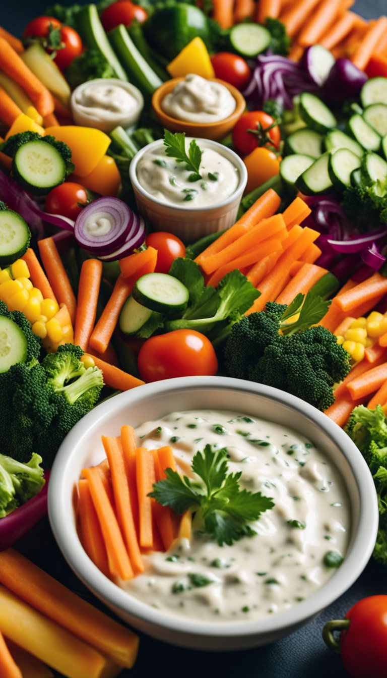 A colorful array of fresh vegetable sticks arranged around a bowl of creamy ranch dip, set against a backdrop of a lively music festival