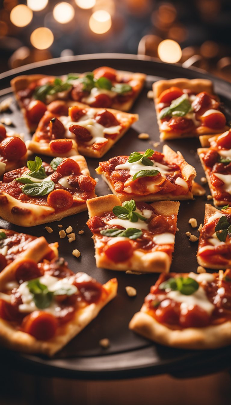 A platter of pepperoni pizza bites surrounded by a festive music festival atmosphere