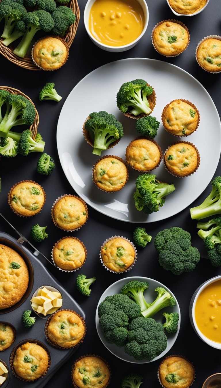 A table spread with broccoli and cheddar keto muffins, surrounded by a festive music festival atmosphere