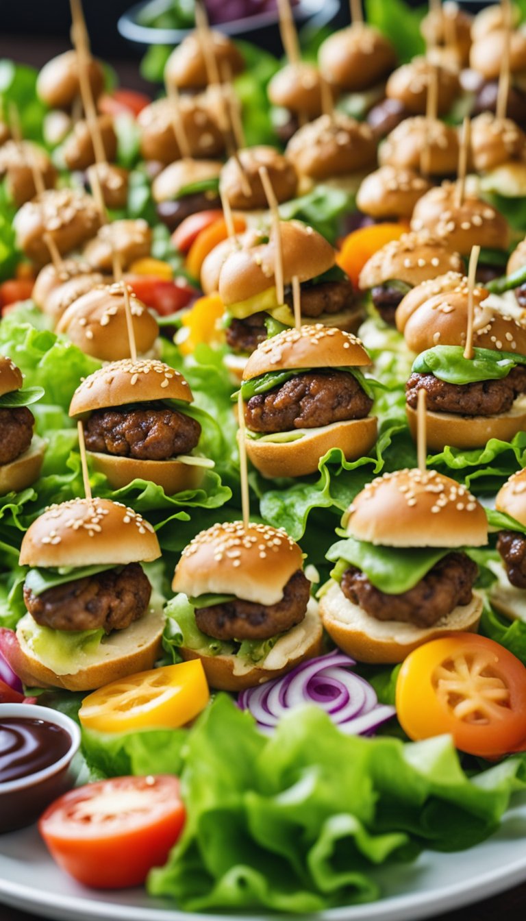 A platter of lettuce-wrapped mini burgers surrounded by colorful keto-friendly festival foods