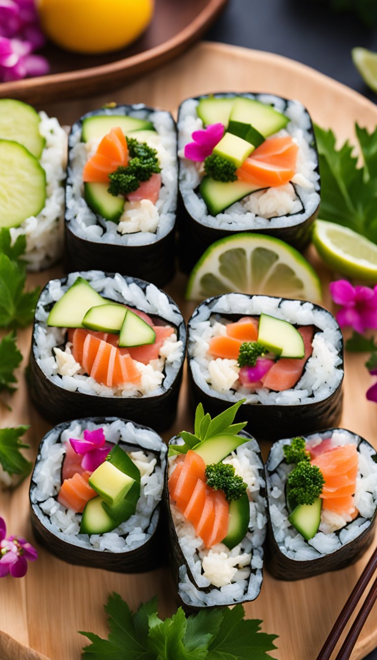 A colorful platter of keto sushi rolls surrounded by vibrant garnishes