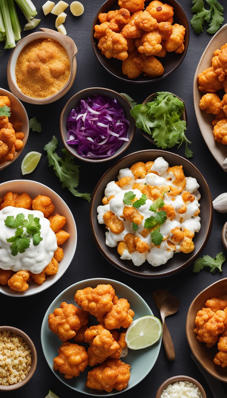 A platter of buffalo cauliflower wings surrounded by keto-friendly festival foods