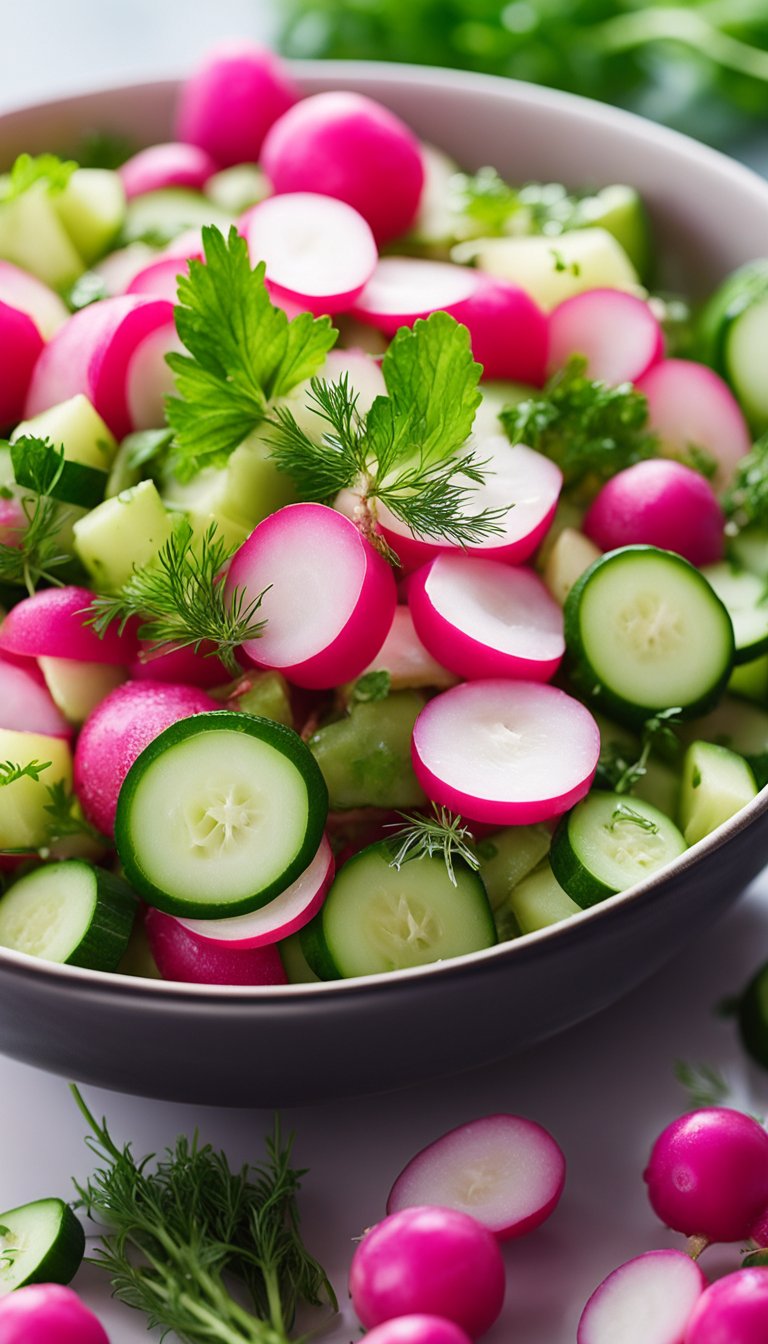 A colorful bowl of radish and cucumber dill salad surrounded by vibrant keto-friendly festival foods