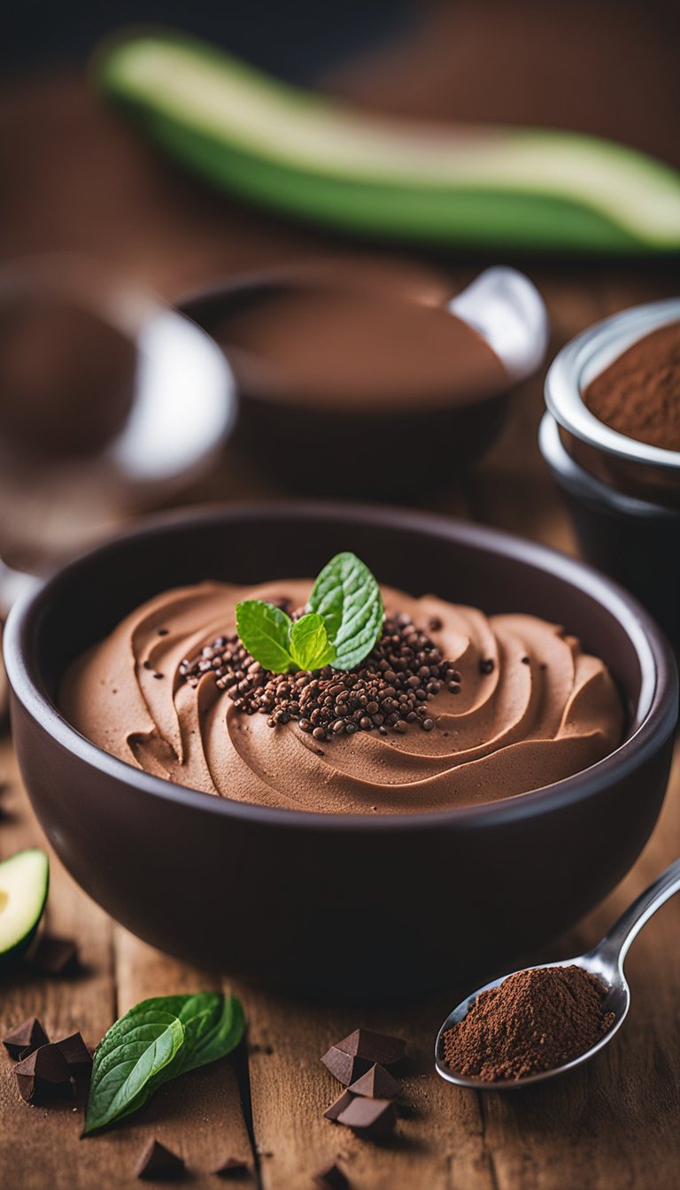 A bowl of rich, creamy chocolate avocado mousse, topped with a sprinkle of cocoa powder, sits on a rustic wooden table at a music festival