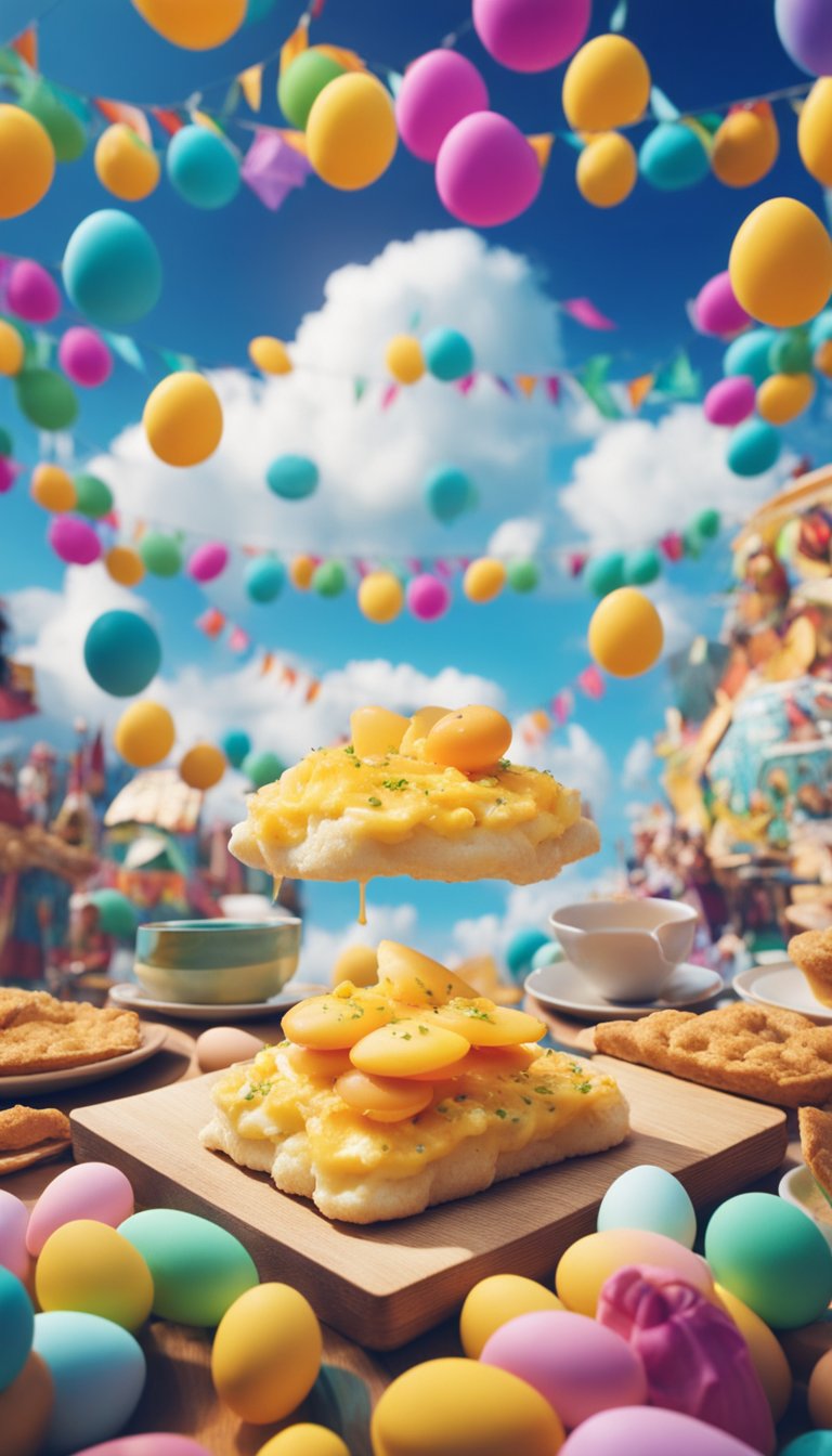 A fluffy cloud bread topped with eggs and cheese, surrounded by a vibrant music festival atmosphere