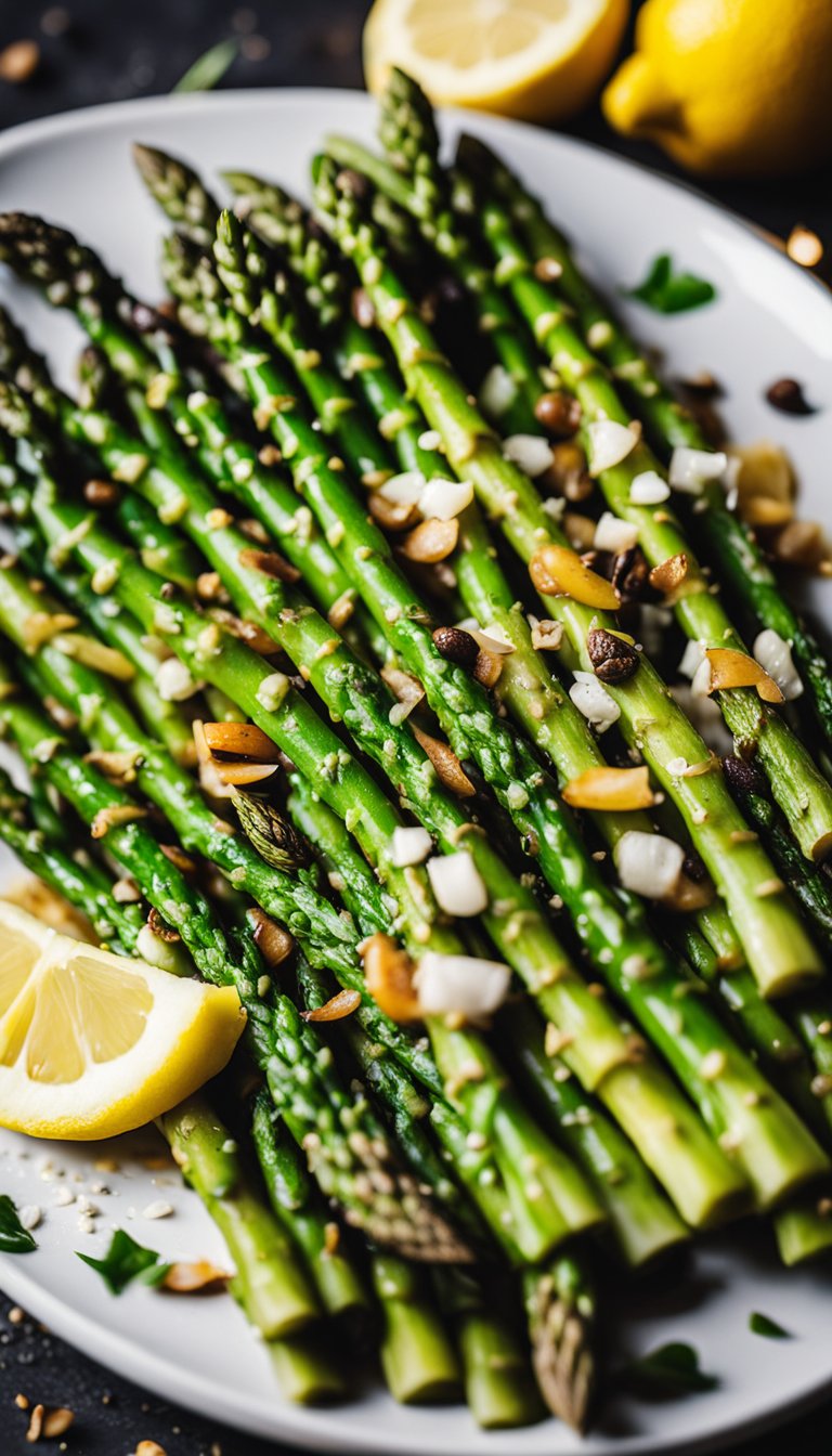 A plate of lemon garlic grilled asparagus surrounded by vibrant, fresh ingredients at a keto music festival