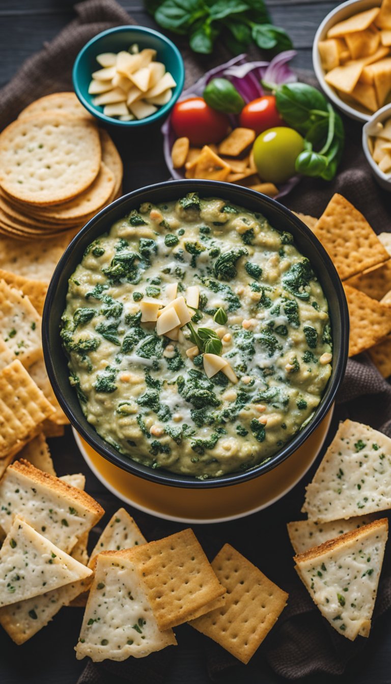 A bowl of keto artichoke spinach dip surrounded by colorful festival food